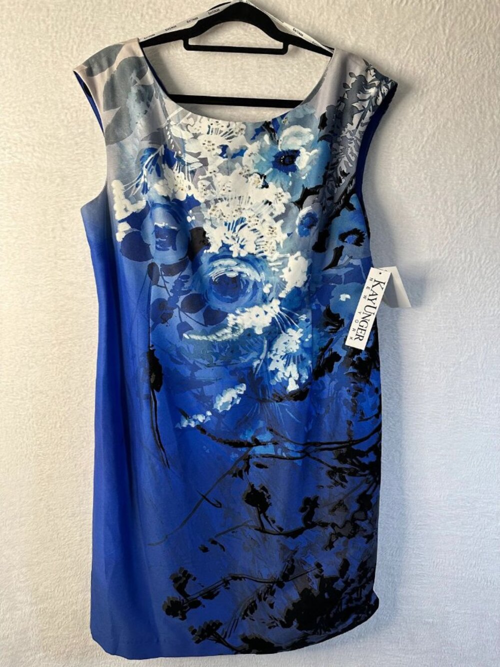Kay Unger Beaded Dress Silk Blend Blue Abstract Floral Flocked Velvet